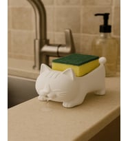 Dekoratif Beyaz Kedi Figürlü Sabunluk & Süngerlik Şık ve Sevimli Banyo & Mutfak Aksesuarı Çok Amaçlı 9 x 13 Cm