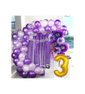 3 YAŞ LÜX MOR LİLA BALON ZİNCİR SET DOĞUM GÜNÜ PARTİ SETİ SÜSÜ