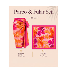 Tarzını Seç Premium Tropik Alev Desenli Pareo & Fular Seti 150x95 cm / 70x70 cm