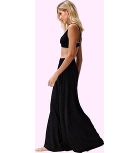 Kadın Yeni Moda Geniş Paça Uzun Boy Dokuma Ekru Gipe Detaylı Pantolon
