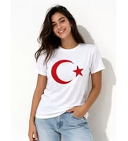 T-Shirt Kısa Kol Bisiklet Yaka Ay Yıldız Bayrak Baskılı Tişört - Beyaz