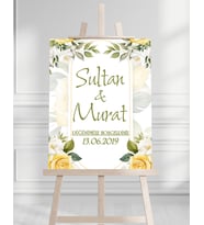 Söz Nişan Düğün İçin 50x70 Karşılama Panosu - Sarı Gül Desenli