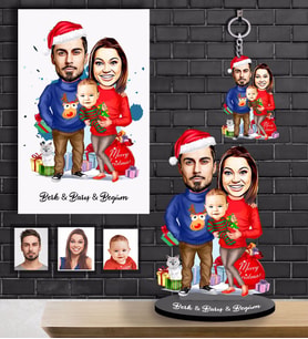 Kişiye Özel Yılbaşı Aile Karikatürlü 3 lü Hediye Seti Model-3