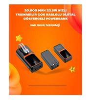 Mey İthalat® Powerbank 20000 mAh 22.5W Hızlı Şarj, Dahili Kablolu, LCD Ekranlı Şarj Cihazı