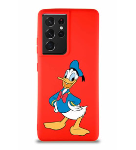 Samsung Galaxy S21 Ultra Soft Premier Kapak Donald Duck-C Tasarımlı Silikon Kılıf - Kırmızı (Şeffaf)
