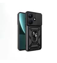 İnfinix Hot 30i Kılıf Yüzüklü Standli Sürgülü Kamera Korumalı Tank Sert Silikon Kapak (Siyah)