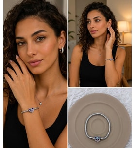 Premium Gümüş Renk Parlak Renkli Taş Detaylı Kalp Charm 316L Çelik Bileklik (~18cm)