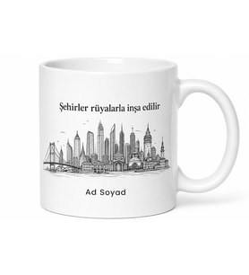 Siyah Beyaz Şehir Baskılı Kupa Bardak Özel Tasarım Hediye Porselen Mug