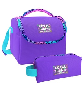 Coral High Mor Leopar Desenli Kız Çocuk Isı Yalıtımlı Beslenme Çantası ve Kalemlik Seti