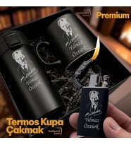 İsme Özel Atatürk Silueti ve İmza Figürlü Erkek & Kadın Lüks Hediye Seti - Çelik Termos Bardak Çakmak Kupa - Premium Hediye Paketli