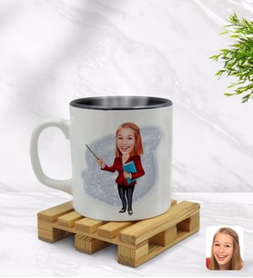 BK Gift Kişiye Özel Kadın Öğretmen Karikatürlü İçi Siyah Renkli Kupa Bardak Model 3