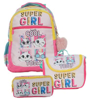 Pippa Kız Çocuk Üç Gözlü Pembe/Sarı İlkokul Üçlü Okul Çanta Seti - Super Girl - PPSET5220 (Çok Renkli)