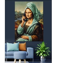 Telefonla Konuşan Mona Lisa Dekoratif Kanvas - Mdf Ahşap Tablo