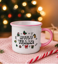 BK Gift Yılbaşı Tasarımlı Pembe Emaye Kupa Bardak -2, Arkadaşa Hediye, Yeni Yıl Hediyesi