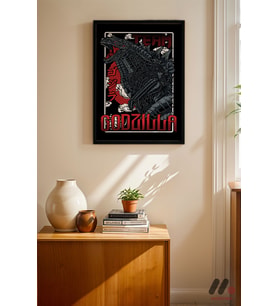 Godzilla Retro Poster, Siyah Çerçeveli Duvar Tablosu - Anime Severlere Özel Hediye