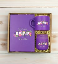BK Gift Kişiye Özel İsimli DTF Anne Temalı Mor Defter & Kahve Fincanı & Mum Hediye Seti-3, Anneye Hediye, Anneler Günü Hediyesi