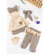 Leopar Baskılı 5 Parça Kız Bebek Hastane Çıkışı Bebek Takımı (Bej)