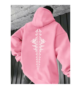 Unisex Oversize Siyah Hoodie Omurga Figürlü Geometrik Baskılı Kapüşonlu Streetwear Sweatshirt (Pembe)