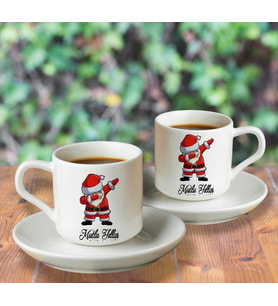 Mutlu Yıllar & Merry Christmas & Yılbaşı & Noel Baba Tasarımlı Türk Kahvesi Fincanı Seti İkili