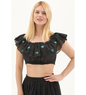 Siyah Vual Nakışlı Yazlık Crop Bluz