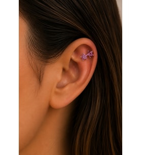 Sertifikalı 316L Çelik Fuşya Taşlı Çift Çiçek Figürlü Premium Gümüş Renk Tragus ve Helix Piercing