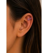 Sertifikalı 316L Çelik Fuşya Taşlı Çift Çiçek Figürlü Premium Gümüş Renk Tragus ve Helix Piercing