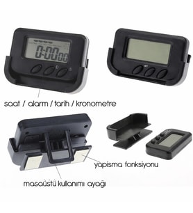 BY NEVSER® Ev ve Araç Tipi Dijital Saat Kronometreli Alarmlı Pilli Saat (Siyah)