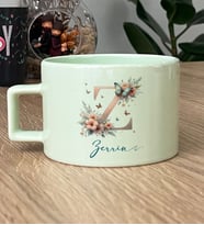 Kişiye Özel Z Harfli Çiçekli Hediye Pastel Fincan İsme Özel İsim Yazılı İsimli (Yeşil)