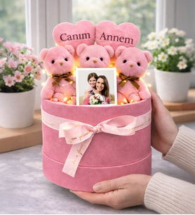 Kişiye Özel Fotoğraflı Canım Annem Tasarımlı Peluş Ayıcık Buketi (Pembe)