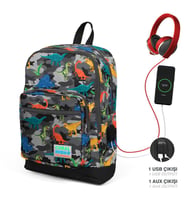 Coral High Kids Koyu Gri Siyah Kamuflaj Dinazor Desenli Dört Bölmeli USB Şarjlı Kulaklık Çıkışlı Okul Sırt Çantası 23286
