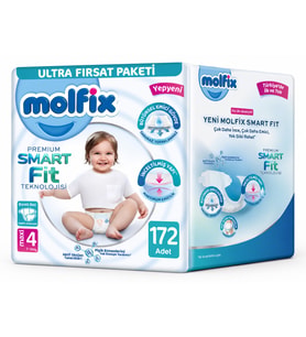 Molfix Premium Smart Fit Bebek Bezi 4 Beden 7-14 KG Maxi 172 Adet Ekonomik Ultra Fırsat Pk