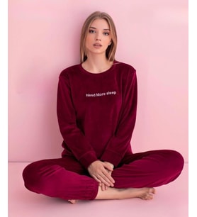Pijamerry Kadın Kışlık Bisiklet Yaka Kadife Pijama Takımı 3044B - 1 Adet (Bordo)