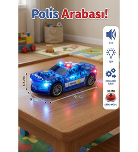 Işıklı Sesli Şeffaf Oyuncak Polis Arabası Dişli Mekanizmalı Otomatik Hareketli 20 cm