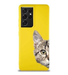 Samsung Galaxy S21 Ultra Soft Premier Kapak Catface Tasarımlı Silikon Kılıf - Sarı (Şeffaf)