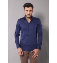 Pamuk Saten Slimfit Lacivert Erkek Gömlek - Wessi