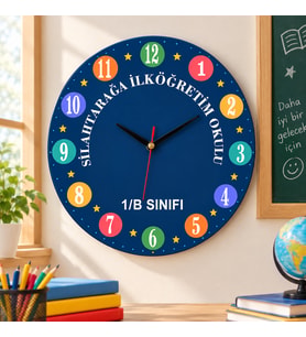 Kişiye Özel Okul ve Sınıf Temalı Renkli Ahşap Duvar Saati Büyük boy 28 Cm