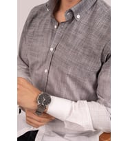 Panolu Gri Beyaz Geçişli Keten Slimfit Hediye Kutulu Erkek Gömlek (Gri-Beyaz)