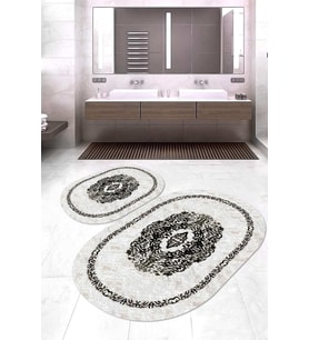 Dijital Baskılı Kaymaz Taban Yıkanabilir Oval 2'li Klozet Takımı Banyo Paspası NOKZ-SD-632 (Beyaz)