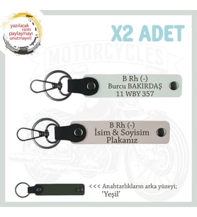 Motor Tutkunlarına Özel, İsim Plaka ve B Rh (-) Kan Grubu Yazılı Deri x2 Anahtarlık, Pudra-Beyaz-Ysl (Çok Renkli)