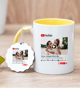 Kişiye Özel Youtube Tasarım Fotoğraflı Sarı Kupa Bardak ve Anahtarlık