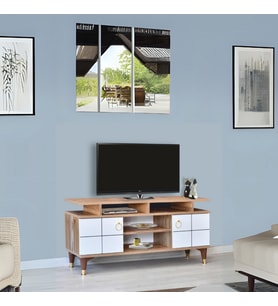 Mega Tv Sehpası Atlantik Çam Beyaz Kapaklı Raflı Gold Detaylı Sehpa 130x36x59 Cm