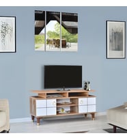 Mega Tv Sehpası Atlantik Çam Beyaz Kapaklı Raflı Gold Detaylı Sehpa 130x36x59 Cm