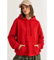 Taş İşlemeli Kanat Detaylı Kapüşonlu Rahat Kesim Kanguru Cepli Kadın Sweatshirt - Kırmızı