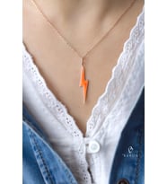 Neon Şimşek Model Mineli 925 Ayar Gümüş Kolye (Turuncu)