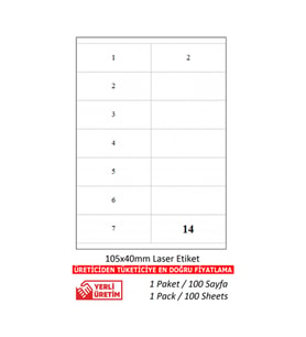 A1 Etiket Lazer Etiket tw-2614 100 A4 Sayfa Lazer Etiket 105 X 40 mm Boyutunda 1 A4 Sayfada 14 Etiket