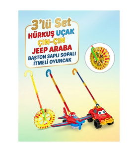 alpmodel Hürkuş Uçak Jeep Araba Çın Çın Sürmeli Baston Saplı Sopalı Itmeli Oyuncak 3 Lü Set