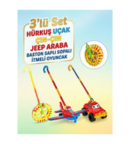 alpmodel Hürkuş Uçak Jeep Araba Çın Çın Sürmeli Baston Saplı Sopalı Itmeli Oyuncak 3 Lü Set