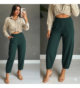 pilelistore- Kadın Yüksek Bel Krep Pantolon (Yeşil)