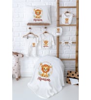 Pia Baby Premium İsimli %100 Pamuk Aslanlı Yenidoğan Erkek Bebek Hediyelik Set 5003-02 (Ekru)