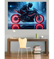 Gece Şehri Neon Motosiklet Sürücüsü Dekoratif Kanvas - Mdf Ahşap Tablo